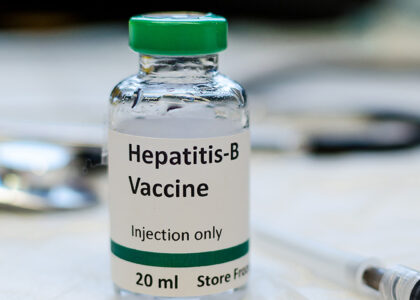 Hepatitis B vaccine vial - A medical vial containing the Hepatitis B vaccine, a crucial immunisation for protecting against Hepatitis B virus and liver diseases.