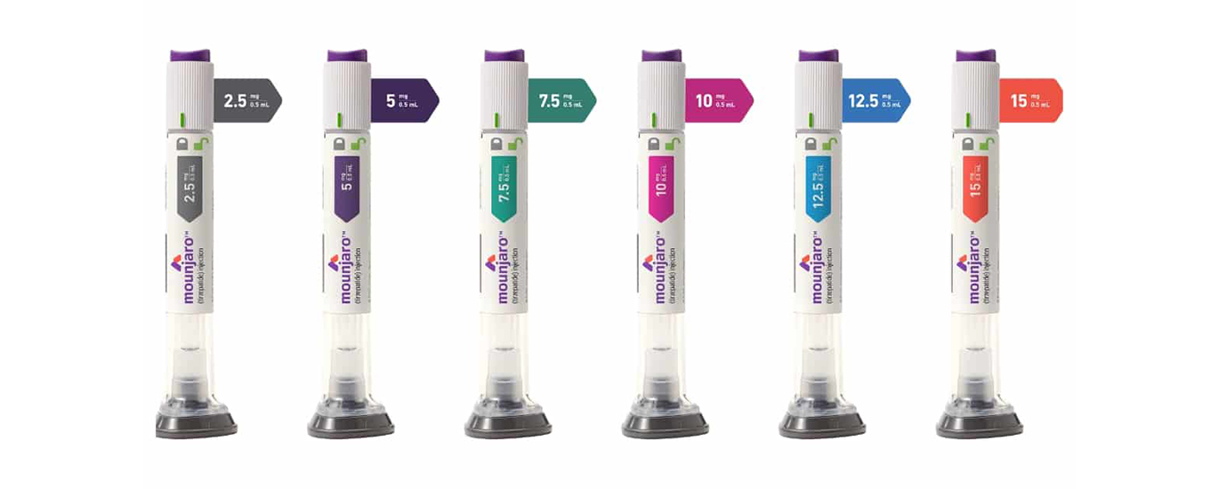 A close-up image of Mounjaro pens, showcasing various dosage options ranging from 2.5 mg to 15 mg per 0.5 mL injection. The pens are neatly arranged on a white surface, with clear labels indicating the dosage strengths. Each pen features a sleek design with a cap and plunger, ready for use in administering the Mounjaro injection for weight management.